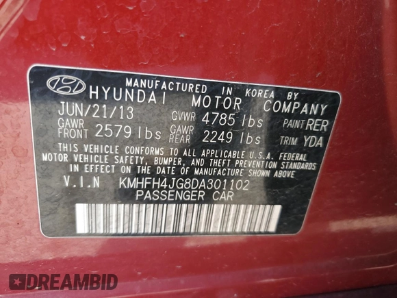 2013 Hyundai Azera z VIN KMHFH4JG8DA301102, wystawiony jako Copart lot #54299505 z przebiegiem 121 658 mil mil oraz Szkoda całkowita • Salvage title. Historia ofert i sprzedaży dostępna na DreamBid. Obrazek 13.