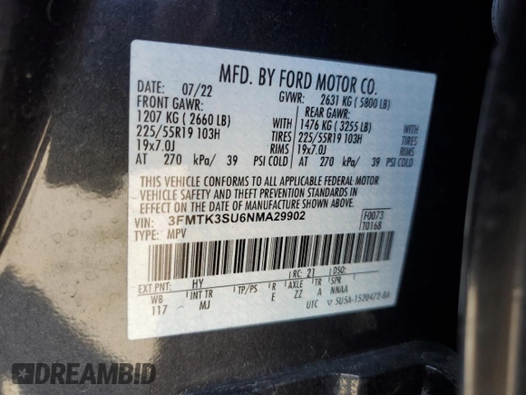 2022 Ford Mustang Mach-E Premium with VIN 3FMTK3SU6NMA29902, listed as a Copart auction lot 49473275 with 37,283 mi miles and Salvage Title. Bid and sale history available at DreamBid. Image 14.