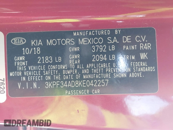 2019 Kia Forte S with VIN 3KPF34AD8KE042257, listed as a IAAI auction lot 42071529 with 81,612 mi miles. Bid and sale history available at carsss.com. Image 9.