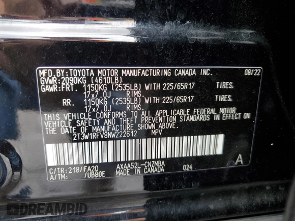 2022 Toyota RAV4 XLE with VIN 2T3W1RFV8NW222612, listed as a Copart auction lot 60675335 with 63,446 mi miles and Salvage title. Bid and sale history available at DreamBid. Image 13.