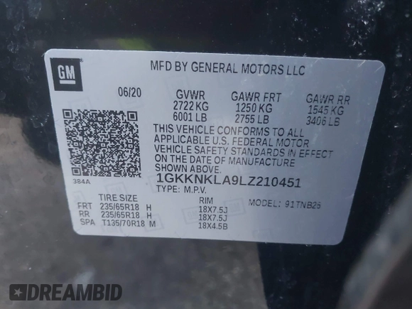 2020 GMC Acadia SLE with VIN 1GKKNKLA9LZ210451, listed as a IAAI auction lot 41239511 with 79,891 mi miles and . Bid and sale history available at carsss.com. Image 9.