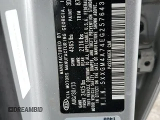 2014 Kia Optima LX with VIN 5XXGM4A74EG257643, listed as a Copart auction lot 50089235 with 0 mi miles and Salvage Title. Bid and sale history available at carsss.com. Image 12.