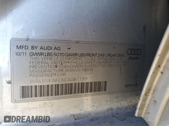 2012 Audi A4 2.0T Premium Plus with VIN WAUWFAFL6CA081193, listed as a Copart auction lot 81813834 with 126,969 mi miles and Salvage Title. Bid and sale history available at carsss.com. Image 14.
