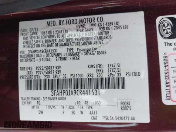 2012 Ford Fusion SEL with VIN 3FAHP0JA9CR441531, listed as a IAAI auction lot 42673000 with 153,928 mi miles and . Bid and sale history available at DreamBid. Image 9.