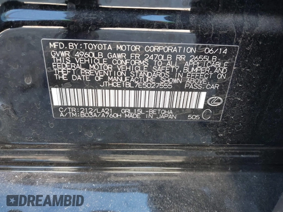 2014 Lexus GS 350 with VIN JTHCE1BL7E5027555, listed as a IAAI auction lot 41286007 with 78,313 mi miles and . Bid and sale history available at DreamBid. Image 9.