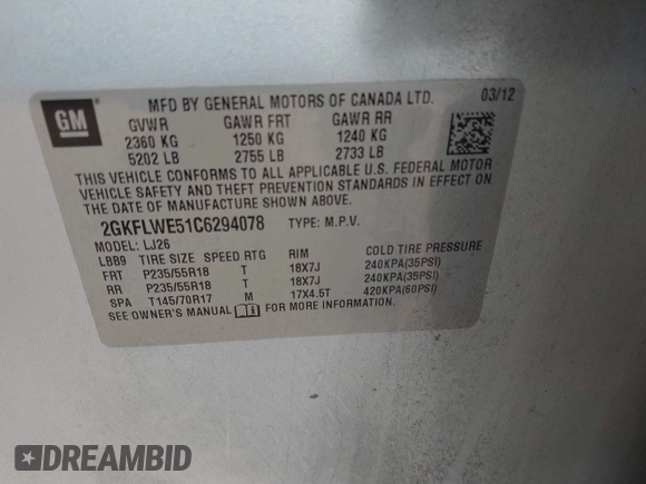 2012 GMC Terrain SLT-2 with VIN 2GKFLWE51C6294078, listed as a IAAI auction lot 41371798 with 226,903 mi miles. Bid and sale history available at carsss.com. Image 9.