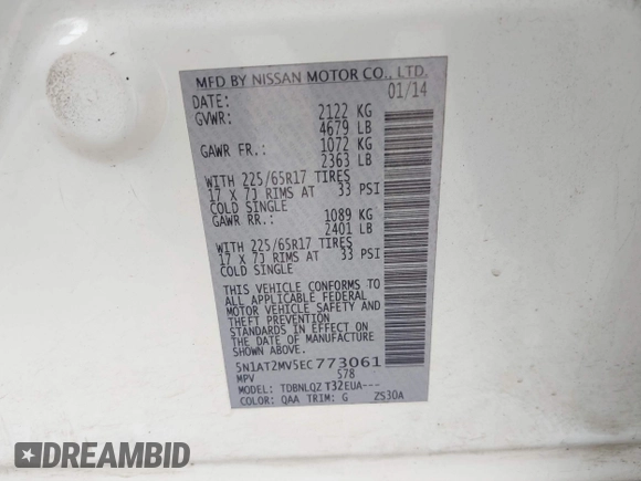 2014 Nissan Rogue S with VIN 5N1AT2MV5EC773061, listed as a IAAI auction lot 41572852 with 175,899 mi miles. Bid and sale history available at carsss.com. Image 9.