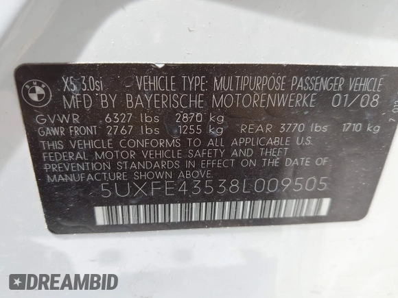 2008 BMW X5 3.0si z VIN 5UXFE43538L009505, wystawiony jako IAAI lot #42189410 z przebiegiem 136 931 mil mil oraz . Historia ofert i sprzedaży dostępna na DreamBid. Obrazek 9.