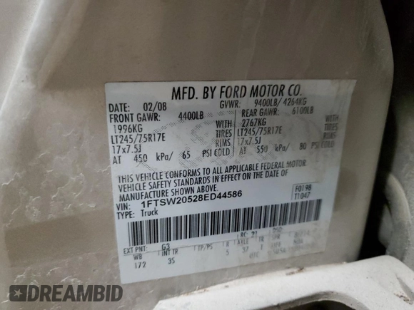 2008 Ford F-250 XL with VIN 1FTSW20528ED44586, listed as a Copart auction lot 83559544 with 325,052 mi miles and Salvage title. Bid and sale history available at DreamBid. Image 12.
