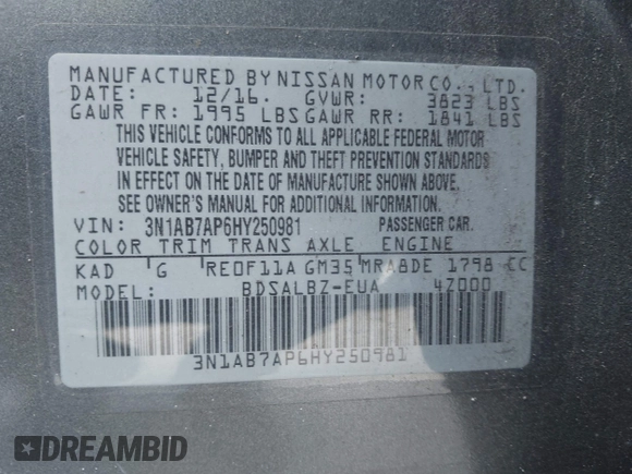 2017 Nissan Sentra S with VIN 3N1AB7AP6HY250981, listed as a IAAI auction lot 42030653 with 101,024 mi miles and . Bid and sale history available at DreamBid. Image 9.