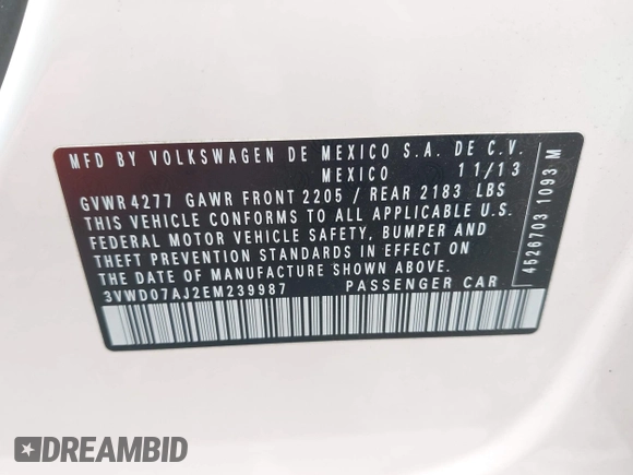 2014 Volkswagen Jetta SE with VIN 3VWD07AJ2EM239987, listed as a IAAI auction lot 42555560 with 115,987 mi miles and . Bid and sale history available at DreamBid. Image 9.