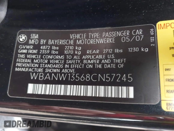 2008 BMW 5 Series 535i with VIN WBANW13568CN57245, listed as a IAAI auction lot 40886756 with 103,569 mi miles and . Bid and sale history available at carsss.com. Image 9.