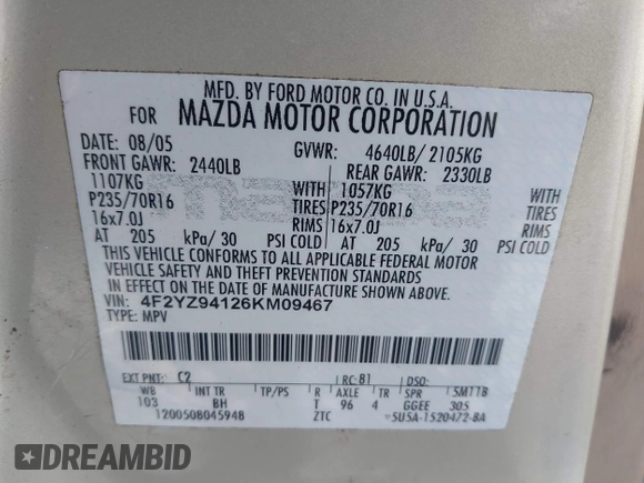 2006 Mazda Tribute LX with VIN 4F2YZ94126KM09467, listed as a IAAI auction lot 41324941 with 116,519 mi miles and . Bid and sale history available at DreamBid. Image 9.