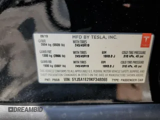 2019 Tesla Model S 75D z VIN 5YJSA1E29KF348065, wystawiony jako Copart lot #60290925 z przebiegiem 73 573 mil mil oraz Szkoda całkowita • Salvage title. Historia ofert i sprzedaży dostępna na DreamBid. Obrazek 13.