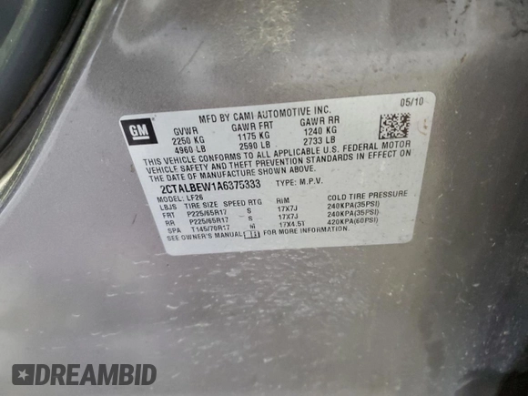 2010 GMC Terrain SLE-1 with VIN 2CTALBEW1A6375333, listed as a Copart auction lot 53718695 with 199,033 mi miles and Salvage title. Bid and sale history available at DreamBid. Image 12.