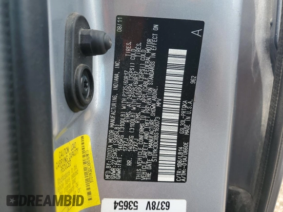 2011 Toyota Sienna XLE AAS с VIN 5TDYK3DCXBS169073, выставлен на аукционе Copart как лот 62084925 с пробегом 153 888 миль миль и Списание • Salvage title. История ставок и продаж доступна на DreamBid. Изображение 13.