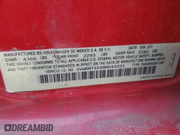 2008 Volkswagen Jetta SE z VIN 3VWRM71KX8M043321, wystawiony jako Copart lot #54168215 z przebiegiem 175 604 mil mil oraz Szkoda całkowita • Salvage title. Historia ofert i sprzedaży dostępna na DreamBid. Obrazek 12.