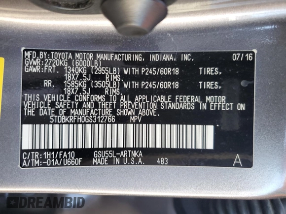 2016 Toyota Highlander LE z VIN 5TDBKRFH0GS312766, wystawiony jako Copart lot #54972915 z przebiegiem 86 922 mil mil oraz Szkoda całkowita • Salvage title. Historia ofert i sprzedaży dostępna na DreamBid. Obrazek 13.