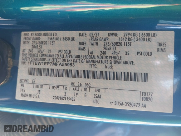 2021 Ford F-150 XL with VIN 1FTEW1EP7MFA55953, listed as a IAAI auction lot 42686431 with 38,873 mi miles and . Bid and sale history available at DreamBid. Image 9.