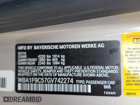 2016 BMW 2 Series 228i with VIN WBA1F9C57GV742274, listed as a Copart auction lot 53837825 with 73,564 mi miles and Salvage Title. Bid and sale history available at carsss.com. Image 12.
