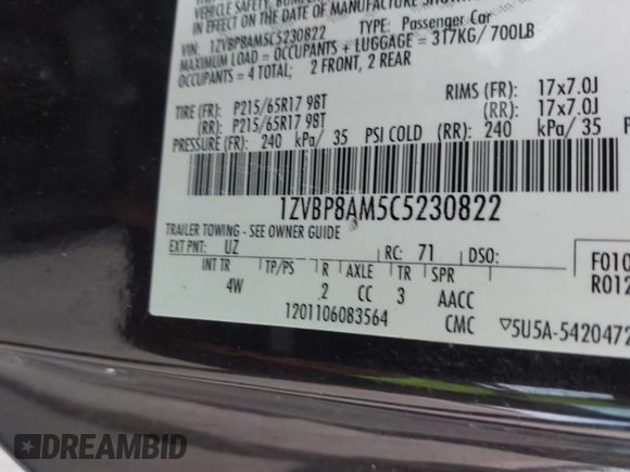 2012 Ford Mustang Premium with VIN 1ZVBP8AM5C5230822, listed as a IAAI auction lot 42647776 with 136,049 mi miles and . Bid and sale history available at DreamBid. Image 9.