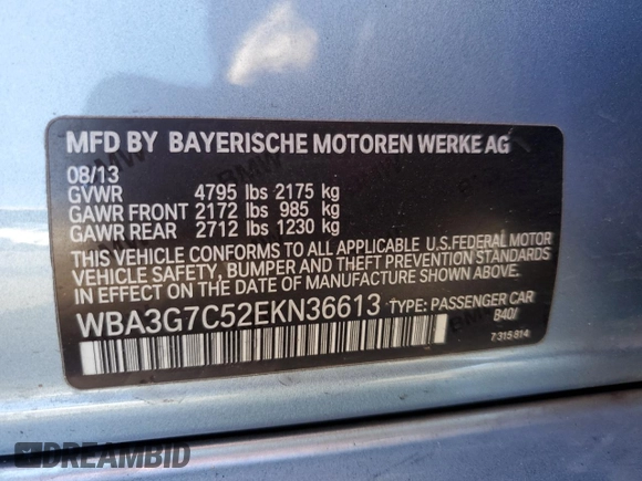 2014 BMW 3 Series 328i xDrive with VIN WBA3G7C52EKN36613, listed as a Copart auction lot 82602954 with 129,492 mi miles and Salvage Title. Bid and sale history available at carsss.com. Image 12.