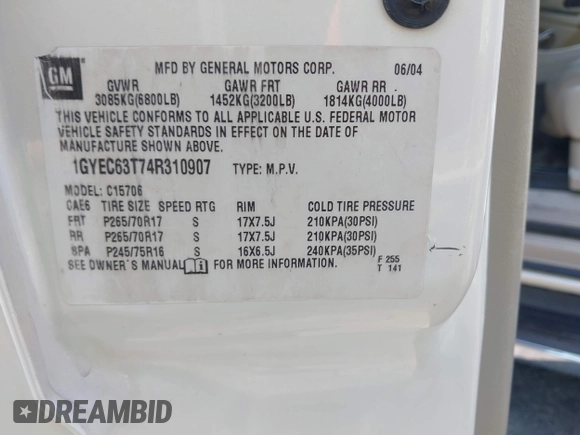 2004 Cadillac Escalade with VIN 1GYEC63T74R310907, listed as a IAAI auction lot 42747095 with 165,755 mi miles and . Bid and sale history available at DreamBid. Image 9.