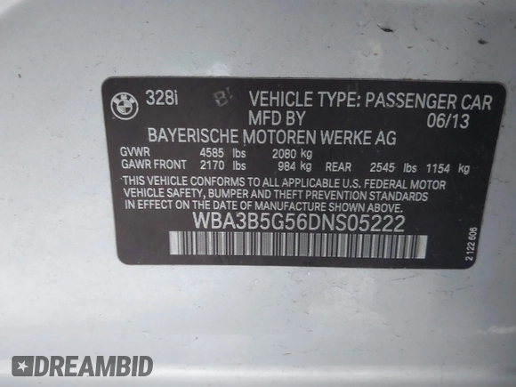 2013 BMW 3 Series 328i xDrive with VIN WBA3B5G56DNS05222, listed as a IAAI auction lot 42351739 with 98,399 mi miles and . Bid and sale history available at DreamBid. Image 9.
