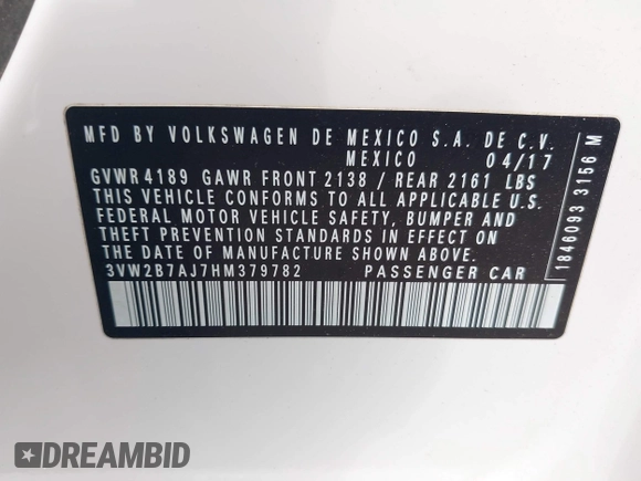2017 Volkswagen Jetta S with VIN 3VW2B7AJ7HM379782, listed as a IAAI auction lot 42335151 with 129,909 mi miles and . Bid and sale history available at DreamBid. Image 9.