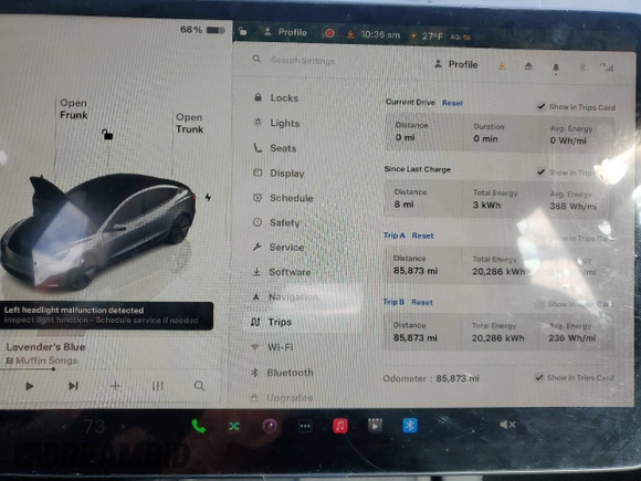 2023 Tesla Model 3 with VIN 5YJ3E1EA7PF417200, listed as a Copart auction lot 46475995 with 85,873 mi miles and Salvage Title. Bid and sale history available at DreamBid. Image 9.