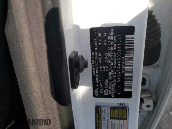 2013 Kia Optima SX with VIN 5XXGR4A68DG144821, listed as a Copart auction lot 61248385 with 143,043 mi miles and Clean title. Bid and sale history available at DreamBid. Image 12.