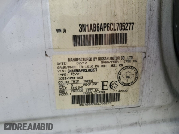 2012 Nissan Sentra S with VIN 3N1AB6AP6CL705277, listed as a Copart auction lot 61905065 with 243,683 mi miles and Salvage title. Bid and sale history available at DreamBid. Image 12.