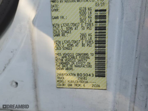 2015 Nissan NV SV with VIN 1N6BF0KX7FN803043, listed as a Copart auction lot 54079715 with 101,065 mi miles and Salvage Title. Bid and sale history available at carsss.com. Image 13.