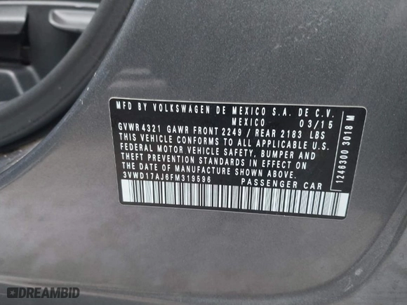 2015 Volkswagen Jetta Sedan 1.8T Sport with VIN 3VWD17AJ6FM319596, listed as a IAAI auction lot 41370591 with 92,818 mi miles. Bid and sale history available at carsss.com. Image 9.