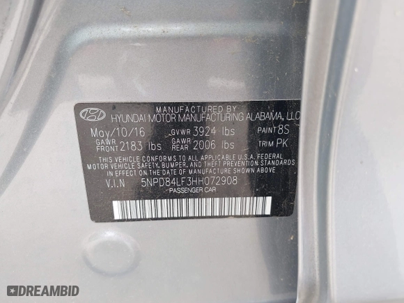 2017 Hyundai Elantra Limited with VIN 5NPD84LF3HH072908, listed as a IAAI auction lot 42106855 with 104,942 mi miles. Bid and sale history available at carsss.com. Image 9.