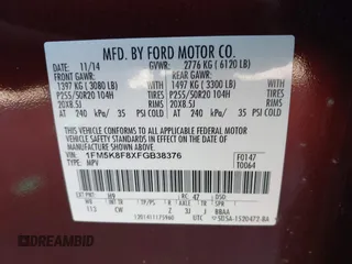 2015 Ford Explorer Limited with VIN 1FM5K8F8XFGB38376, listed as a IAAI auction lot 41965450 with 78,979 mi miles and . Bid and sale history available at DreamBid. Image 9.