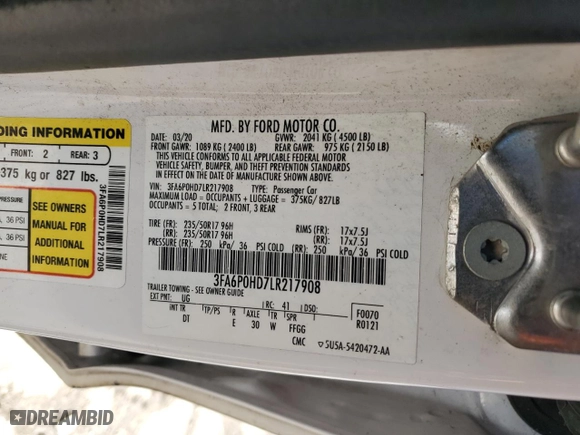 2020 Ford Fusion SE with VIN 3FA6P0HD7LR217908, listed as a Copart auction lot 47853785 with 156,938 mi miles and Salvage Title. Bid and sale history available at carsss.com. Image 12.