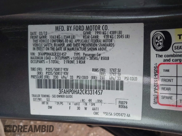 2012 Ford Fusion SE z VIN 3FAHP0HA2CR331457, wystawiony jako IAAI lot #42442796 z przebiegiem 134 903 mil mil oraz . Historia ofert i sprzedaży dostępna na DreamBid. Obrazek 9.