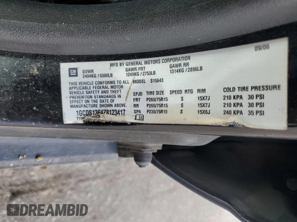 2007 Chevrolet Colorado LT w/3LT with VIN 1GCDS13E478123417, listed as a Copart auction lot 47221745 with 221,733 mi miles and Non Repairable. Bid and sale history available at carsss.com. Image 13.