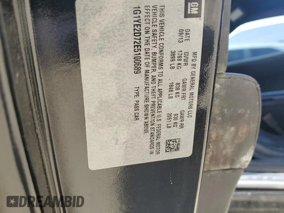 2014 Chevrolet Corvette 3LT with VIN 1G1YE2D72E5100689, listed as a Copart auction lot 50596915 with 83,073 mi miles and Salvage title. Bid and sale history available at DreamBid. Image 14.