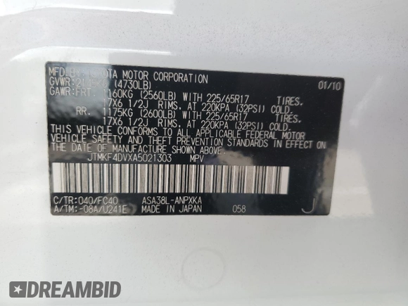 2010 Toyota RAV4 with VIN JTMKF4DVXA5021303, listed as a Copart auction lot 62788775 with 199,173 mi miles and Salvage title. Bid and sale history available at DreamBid. Image 13.