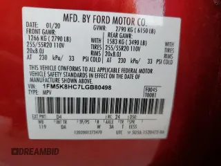 2020 Ford Explorer Platinum with VIN 1FM5K8HC7LGB80498, listed as a Copart auction lot 84075354 with 53,302 mi miles and Salvage Title. Bid and sale history available at carsss.com. Image 13.
