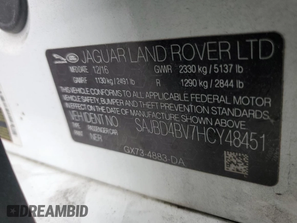 2017 Jaguar XF 35t Premium with VIN SAJBD4BV7HCY48451, listed as a Copart auction lot 58133385 with 65,085 mi miles and Salvage title. Bid and sale history available at DreamBid. Image 12.