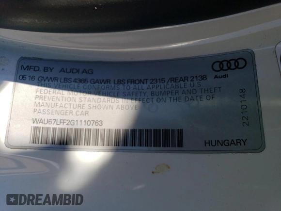 2016 Audi A3 1.8T Premium with VIN WAU67LFF2G1110763, listed as a Copart auction lot 58712073 with 87,446 mi miles. Bid and sale history available at carsss.com. Image 12.