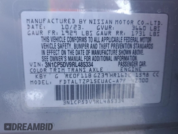 2024 Nissan Kicks SR with VIN 3N1CP5DV9RL485334, listed as a Copart auction lot 48486605 with 14,130 mi miles and Salvage Title. Bid and sale history available at carsss.com. Image 15.
