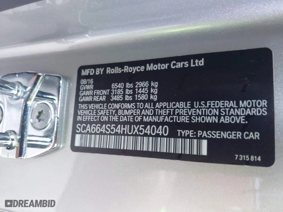 2017 Rolls-Royce Ghost with VIN SCA664S54HUX54040, listed as a IAAI auction lot 41559707 with 43,073 mi miles. Bid and sale history available at carsss.com. Image 9.