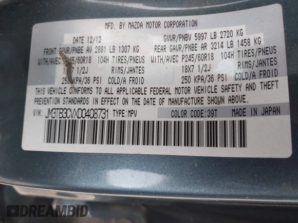 2013 Mazda CX-9 Touring z VIN JM3TB3CVXD0408731, wystawiony jako IAAI lot #42457708 z przebiegiem 168 997 mil mil oraz . Historia ofert i sprzedaży dostępna na DreamBid. Obrazek 9.