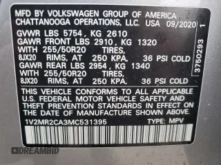 2021 Volkswagen Atlas SE with VIN 1V2MR2CA3MC531395, listed as a Copart auction lot 44148125 with Not provided miles and Salvage title. Bid and sale history available at DreamBid. Image 14.