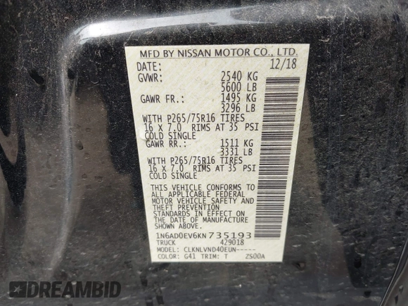 2019 Nissan Frontier SV with VIN 1N6AD0EV6KN735193, listed as a IAAI auction lot 42514496 with 53,323 mi miles and . Bid and sale history available at DreamBid. Image 9.