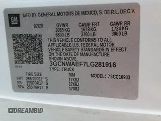 2020 Chevrolet Silverado 1500 Work Truck with VIN 3GCNWAEF7LG281916, listed as a Copart auction lot 44755725 with 128,304 mi miles and Salvage Title. Bid and sale history available at DreamBid. Image 12.